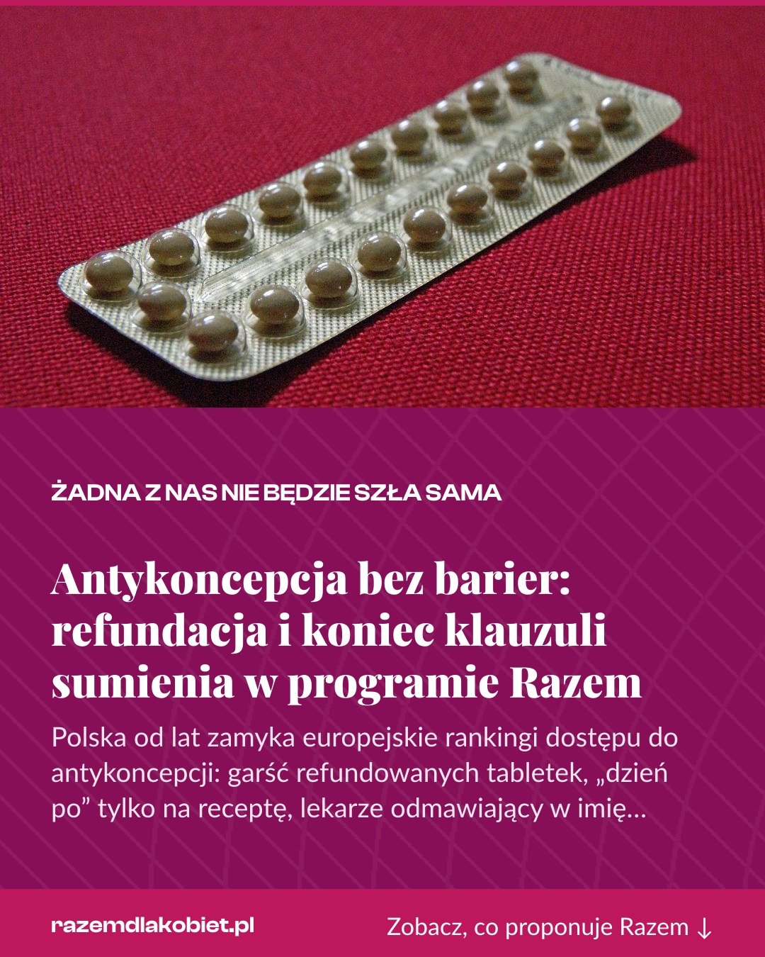 Grafika pionowa do udostępnienia: Antykoncepcja bez barier: refundacja i koniec klauzuli sumienia w programie Razem